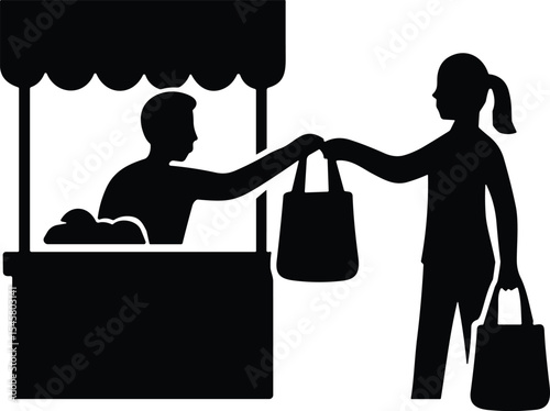 Silhouette of a Vendor Handing Shopping Bags to a Customer at a Market Stall, Representing Retail Sales, Small Business, Commerce, Transaction, and Consumer Shopping Experience.