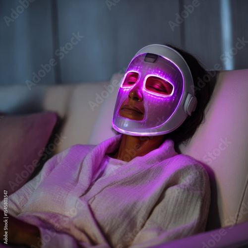 LED light anti-aging mask for facial skin care in a spa slow motion. A woman lies on a couch in a special mask. Modern technologies of beauty and health.