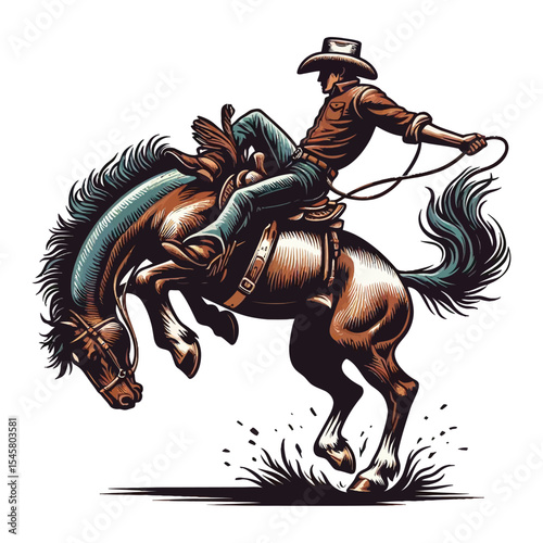 A cowboy wearing a hat and long-sleeved shirt is riding a horse in a "bucking" position, The front legs are raised high, bent back towards the horse's body. 