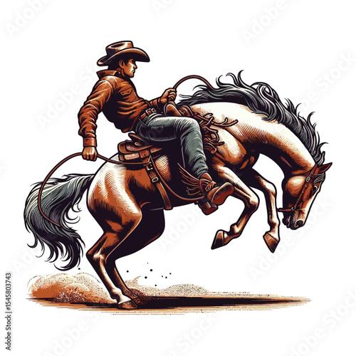 A cowboy wearing a hat and long-sleeved shirt is riding a horse in a "bucking" position, The front legs are raised high, bent back towards the horse's body. 