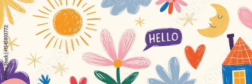 Hand Drawn Colorful Sun Moon Flowers House and Hello Text Illustration