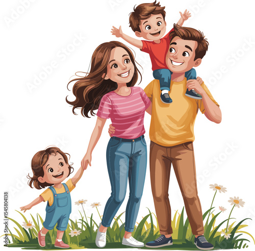 Happy Family of Four Enjoying Outdoor Time Together, Featuring Parents and Two Cheerful Children, Illustrating Love, Bonding, Parenthood, and Joyful Childhood Moments in a Vibrant Vector Illustration.