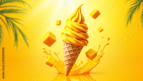 Mango Ice Cream Cone with Splashing Cubes – Exotic Tropical Dessert Advertising