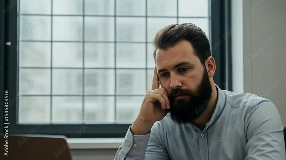 A man with a beard sits at his desk in an office, deep in thought while working on his laptop near a large window