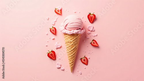 Strawberry Ice Cream Cone with Fresh Slices – Sweet Summer Dessert Concept