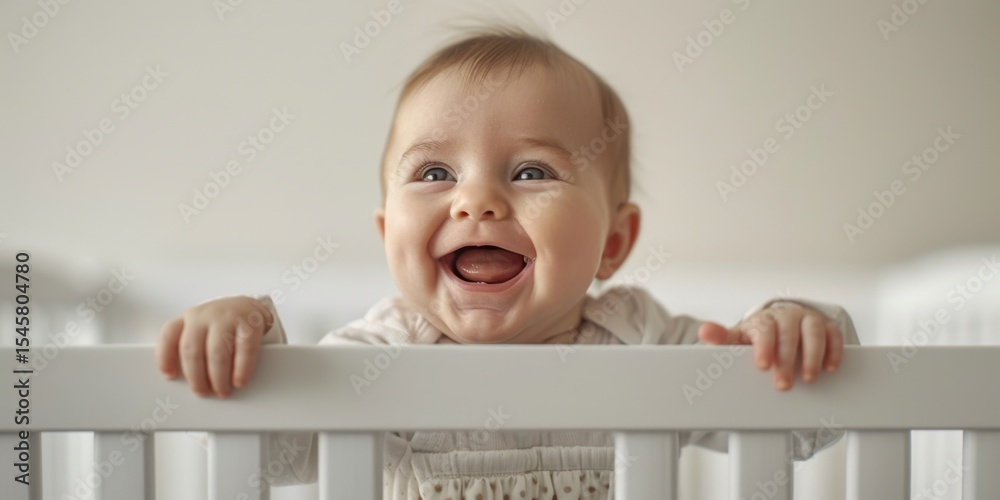 Standing Laughing Baby in White Crib Newborn Standing Laughing Baby in White Crib Newborn