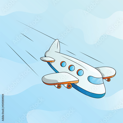 Plane landing with blue sky background. 3D cartoon airplane illustration. Passenger and cargo air transport.