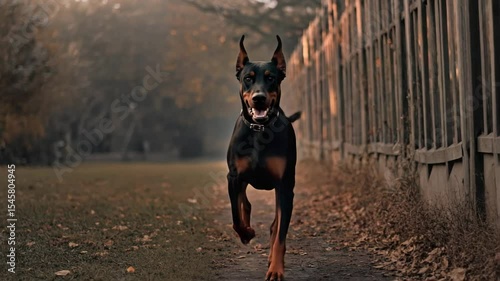 Energetic doberman runs through a park during autumn sunset, enjoying the outdoors and autumn leaves