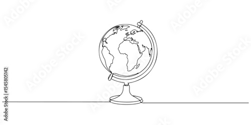 Continuous one line drawing of a globe, depicting exploration and travel, line art style vector illustration.