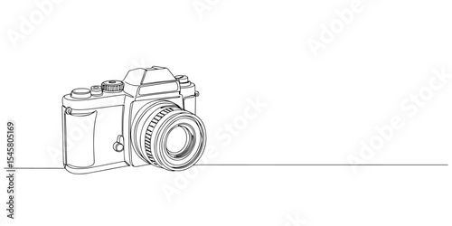 Continuous one line drawing of a vintage film camera, depicting nostalgia and photography, line art style vector illustration.