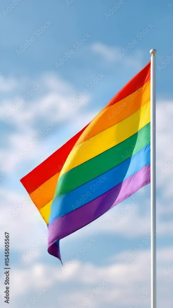 Vibrant Rainbow Flag Waving Against Bright Blue Sky with Fluffy Clouds Vibrant Rainbow Flag Waving Against Bright Blue Sky with Fluffy Clouds