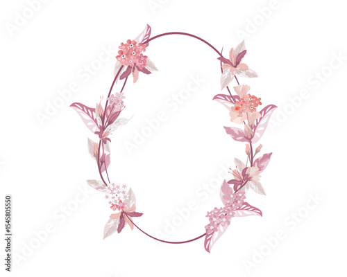 blossom floral frame with wickle foliage on white background