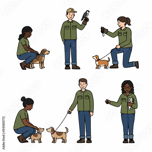Diverse People Interacting with Animals Set