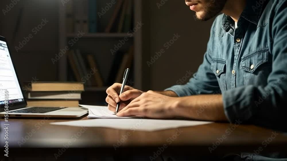 A young man sits at his desk at night working on a document on his laptop with a lamp illuminating his workspace A young man sits at his desk at night working on a document on his laptop with a lamp illuminating his workspace