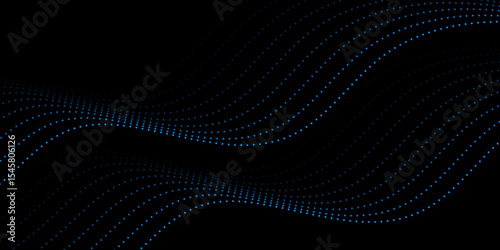 Dark abstract background with wavy blue particle pines and subtle glowing design. Abstract technology particle wave background. Modern design vector illustration.