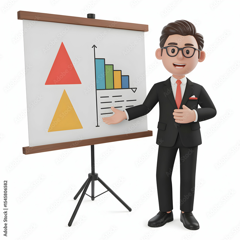 Cartoon Businessman Presenting Colorful Charts on Flipchart Cartoon Businessman Presenting Colorful Charts on Flipchart