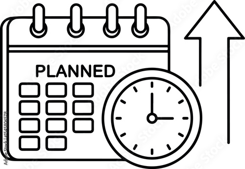 Line icon showing a calendar, clock, and upward arrow, symbolizing scheduled strategy execution, planning, and goal-oriented action