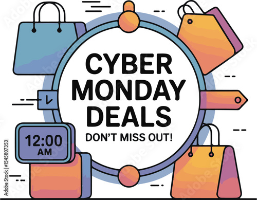Cyber Monday Deals Online Shopping with Countdown Clock and Shopping Bags

