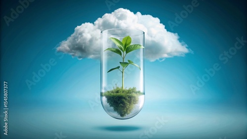 A Seedling in a Glass Vessel Under a Puffy White Cloud, Symbolizing Growth, Purity, and Environmental Preservation