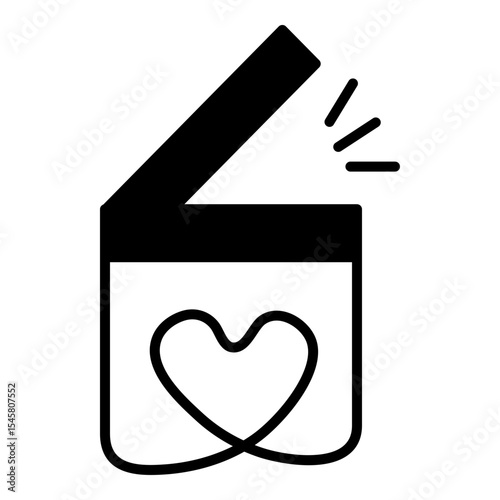Solid depiction of a clapperboard with a heart symbol inside, suggesting a focus on romantic films, cherished memories, or heartfelt productions.