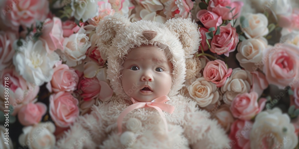 Fototapeta premium Floral Teddy Bear Outfit Baby Soft Lighting White Pink Luxurious Fabrics