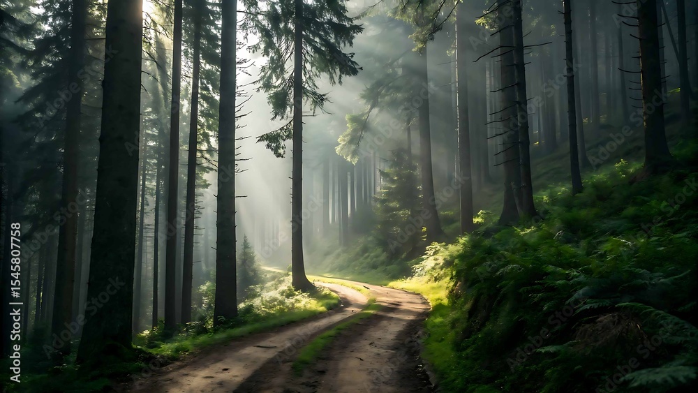 Fototapeta premium Sunbeams through misty forest path