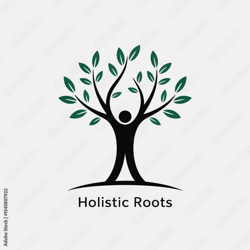 Fototapeta premium Green Leaved Tree Human Silhouette Holistic Roots Logo