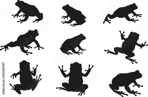 Frog silhouette collection, black amphibian vector, diverse pose artwork, nature animal design, wildlife illustration icons, jumping and sitting frogs, isolated graphic elements