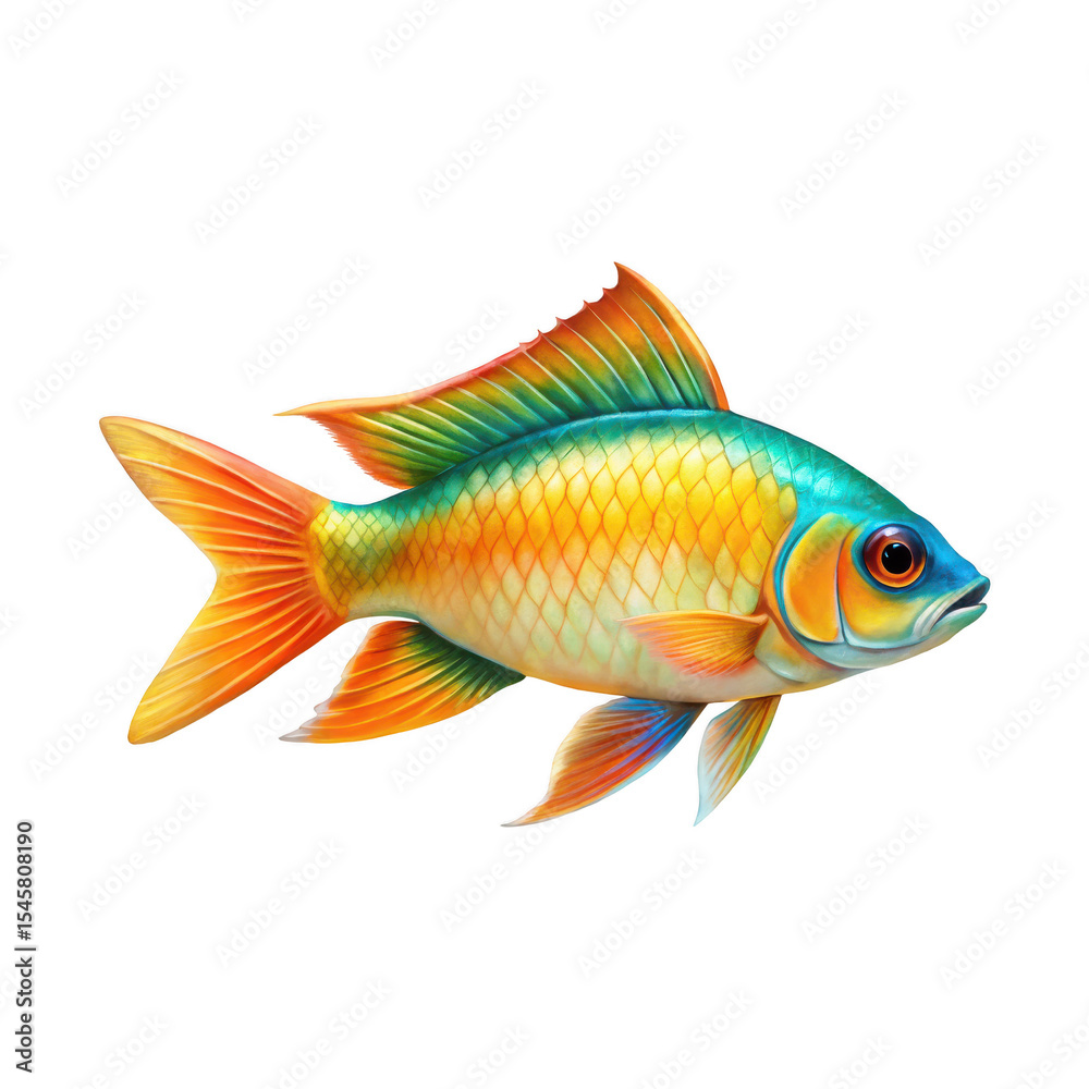 Obraz premium Colorful tropical fish, vibrant scales, orange and yellow gradient, turquoise stripe, large eye