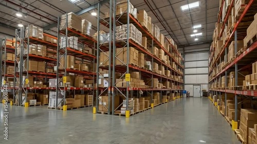 Rows of shelves filled with cardboard boxes line the floor of a large warehouse