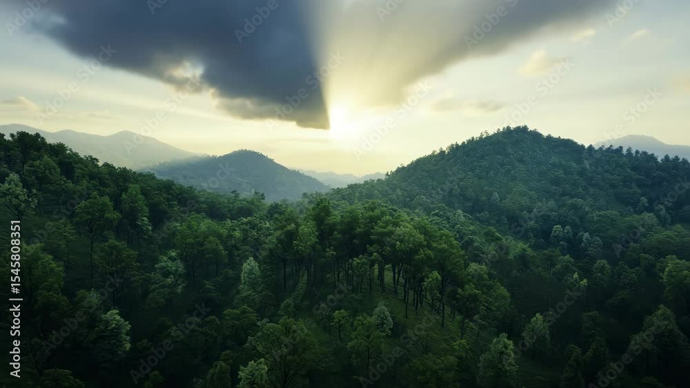 Lush green forest covering rolling hills and distant mountain ranges dramatic cloudy sky sunrise, with sunlight streaming through clouds over vibrant natural landscape, featuring trees, nature
