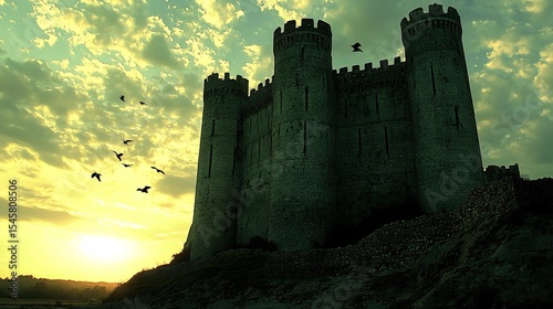 Medieval castle standing tall against a cloudy sky cinematic historical grandeur