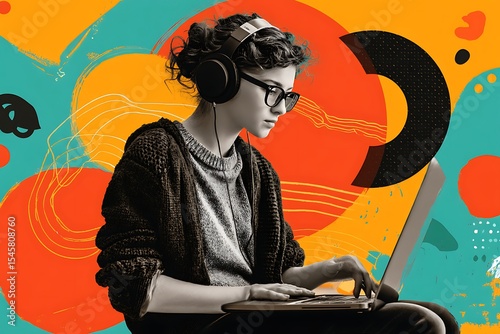 Woman working on laptop with headphones and glasses in colorful background for creative work concept