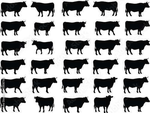 Cow silhouette collection, black cattle vector, farm animal poses, livestock icon artwork, agricultural symbol graphic, rural herd illustration, bovine shape design, farming decor element