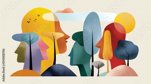 Abstract artwork illustrates different silhouettes representing diverse cultures, showing barriers and unity. Vivid colors and shapes convey emotions of connection and separation in society