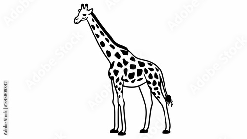 Illustration of a giraffe standing tall with its distinctive spots and long neck in black and white style created with generated ai