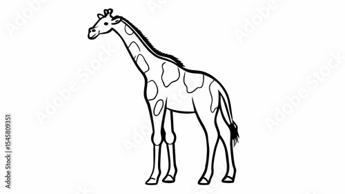 Illustration of a giraffe standing with its long neck and spotted pattern in black and white outline created with generated ai