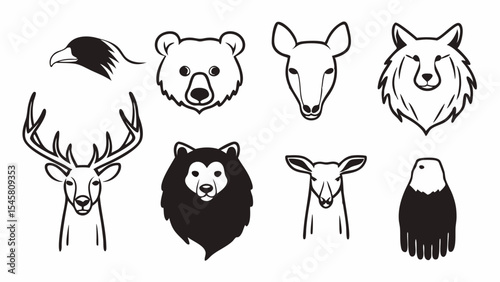 Illustration of various animal heads including eagles, bears, deer, and a wolf in black and white style created with generated ai