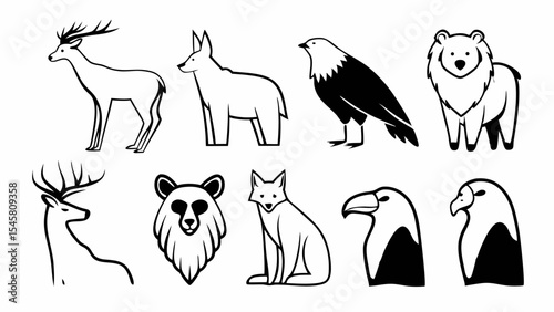 Illustration of various animals including deer, wolf, bear, eagle, and fox in black and white line art created with generated ai