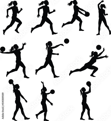 Female volleyball silhouettes, dynamic athlete poses, competitive team sports, black vector artwork, action figure illustration, fitness training concept, outdoor game scene, sport motion design