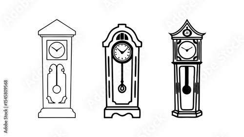 Three grandfather clocks with different designs in black outline on a white background display created with generated ai
