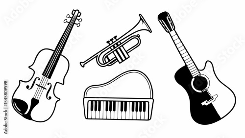 Illustration of a violin trumpet keyboard and guitar musical instruments in black and white style art created with generated ai