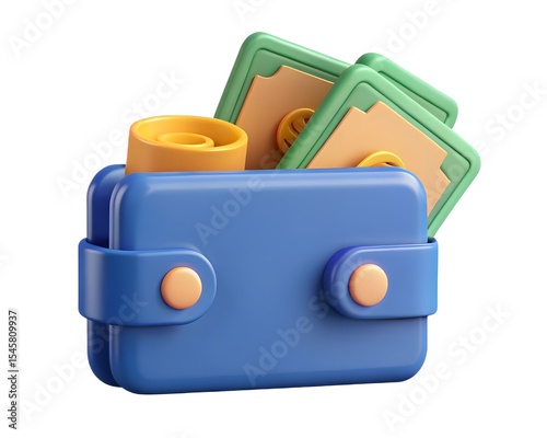 Cartoon wallet with cash bills and coins 3d render