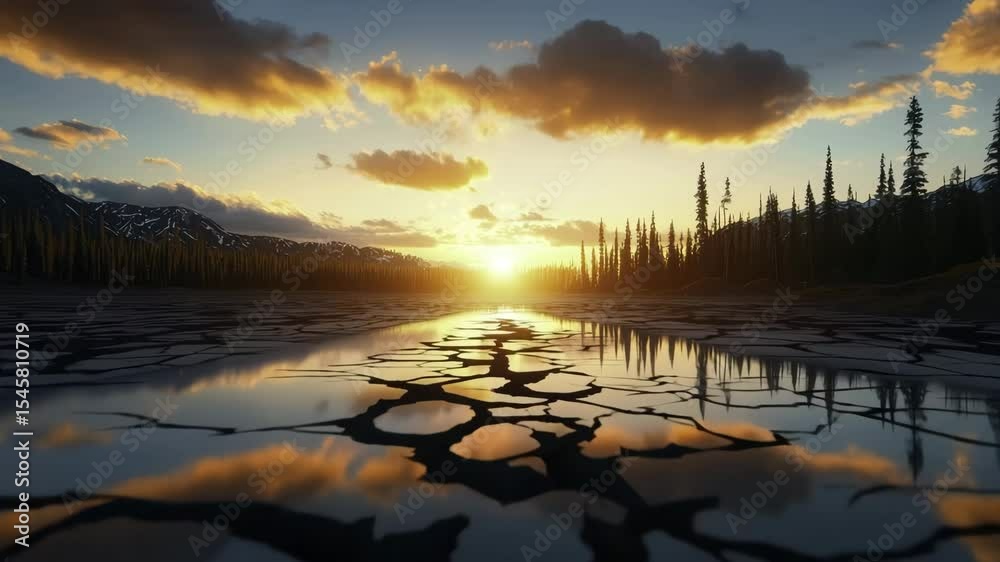 Cracked earth reflective water dramatic sunset golden sky pine tree mountain serene landscape nature wilderness peaceful, sunset over cracked dry lakebed with dramatic clouds, pine trees