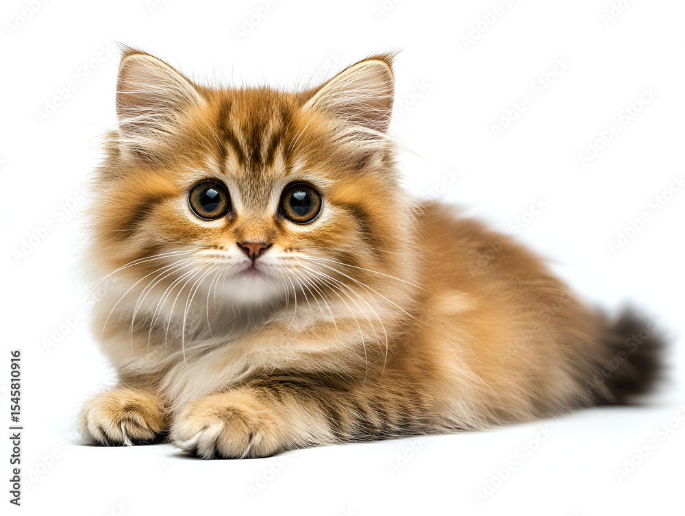 Fototapeta premium Adorable golden-brown kitten lying down, looking directly at the camera, against a plain white background.