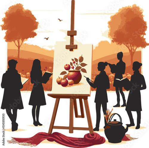 Art students painting and sketching fruits on easel in autumn landscape  