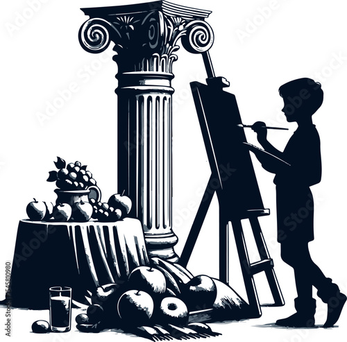 Young boy painting still life with fruits near ancient column  