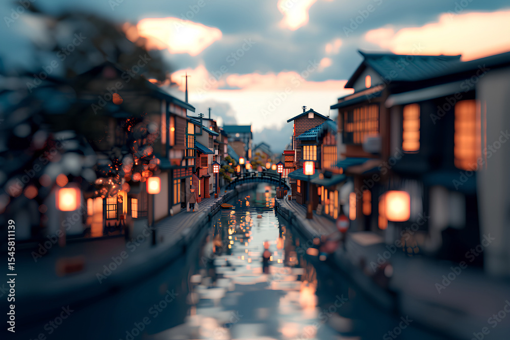 Fototapeta premium 水路のある温泉街と古い街並み（3D）