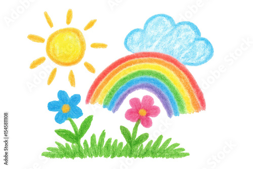 Child's drawing of a colorful rainbow, flowers, grass, sun and cloud with wax crayons on transparent background