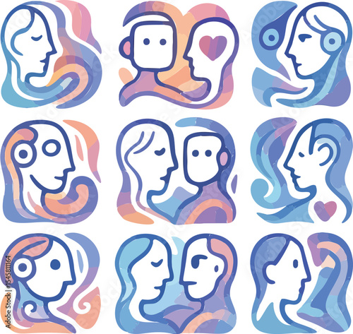 Abstract Vector Set of Human and AI Faces Depicting Emotional Interaction in Colorful Gradient Linework Style